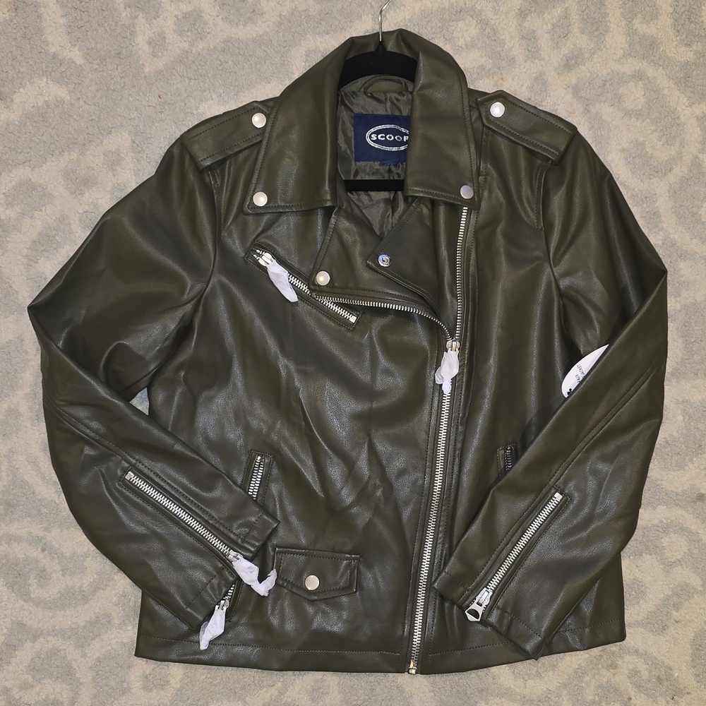 Scoop Dark Green Women's Biker Jacket, Size SMALL